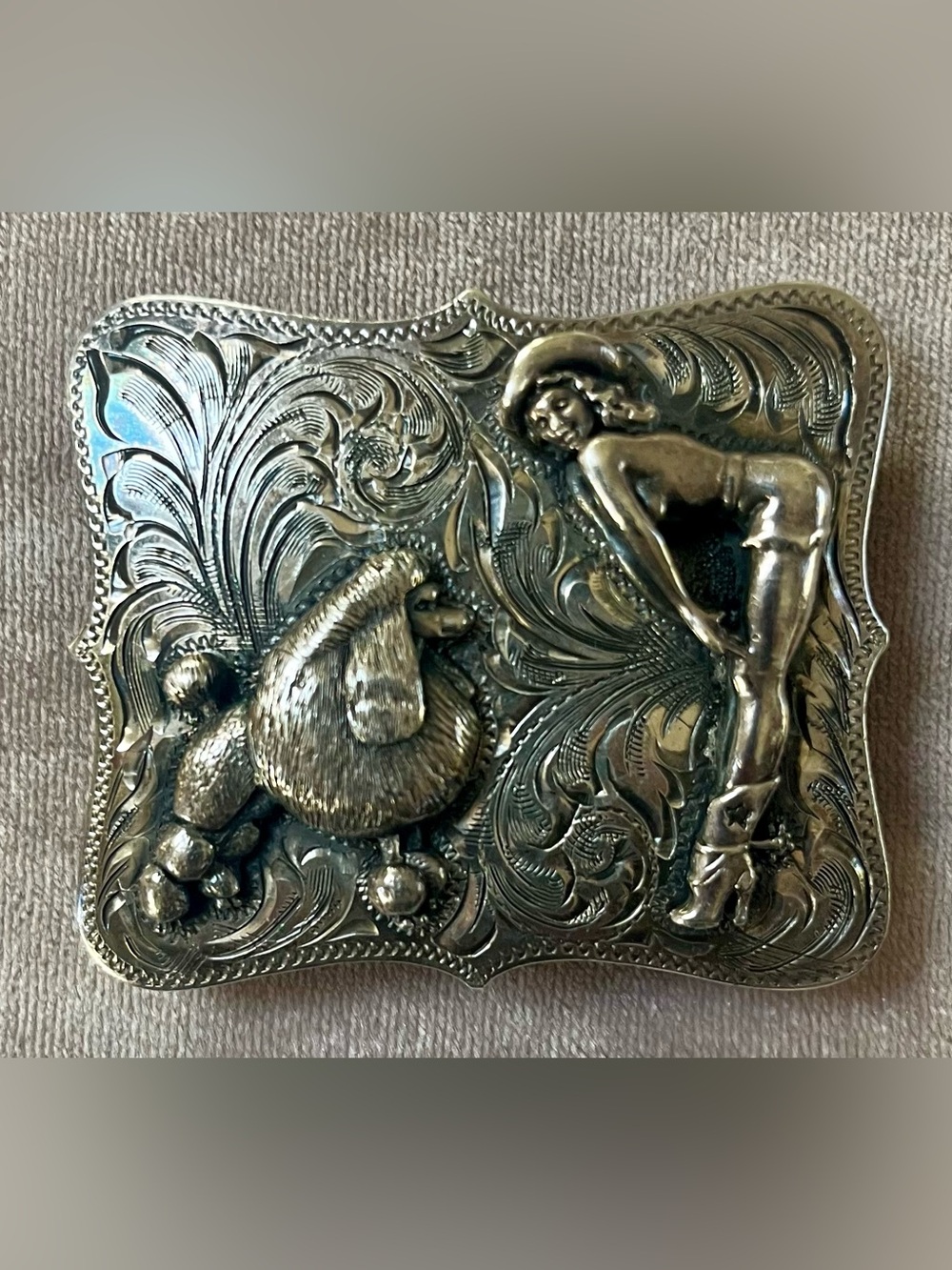 Comstock Heritage Cowgirl and Her Poodle Rare Belt Buckle